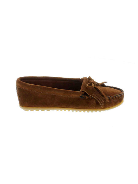 Women's Minnetonka Kilty Brown Suede Moc Hardsole 402 side view. If you need any assistance with this item or the purchase of this item please call us at five six one seven four eight eight eight zero one Monday through Saturday 10:00a.m EST to 8:00 p.m EST
