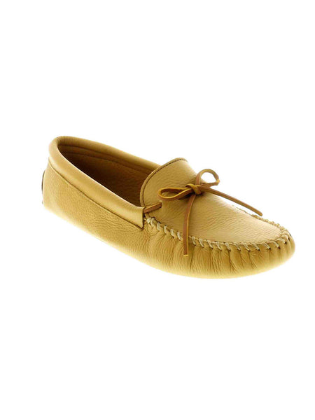 Minnetonka 816 Mens Double Deerskin Softsole Moccasin Natural Tan Side Front View