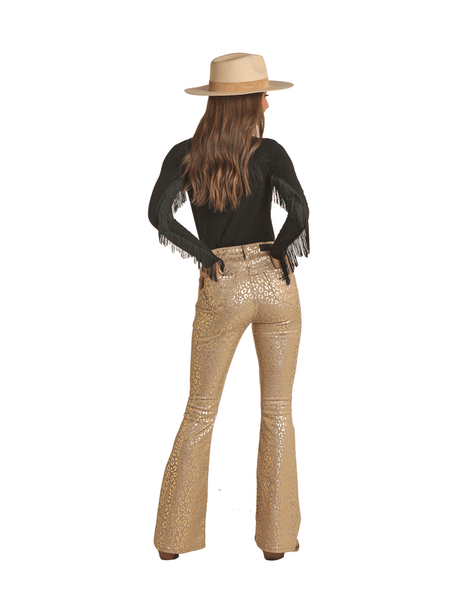 Rock & Roll Denim RRWD6HR0GV Womens High Rise Flare Pants Khaki Cheeta back view. If you need any assistance with this item or the purchase of this item please call us at five six one seven four eight eight eight zero one Monday through Saturday 10:00a.m EST to 8:00 p.m EST