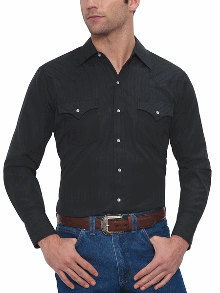 Ely Cattleman 15201934-89 Mens Long Sleeve Tone On Tone Western Shirt Black front view tucked in. If you need any assistance with this item or the purchase of this item please call us at five six one seven four eight eight eight zero one Monday through Saturday 10:00a.m EST to 8:00 p.m EST