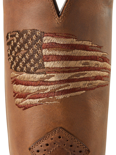 Ariat 10040348 Mens Roughstock Patriot Western Boot Distressed Brown embroidery detail. If you need any assistance with this item or the purchase of this item please call us at five six one seven four eight eight eight zero one Monday through Saturday 10:00a.m EST to 8:00 p.m EST