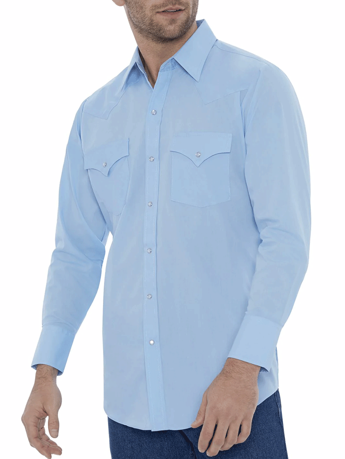 Ely Cattleman 15201905-82 Mens Long Sleeve Solid Western Shirt Light Blue front view tucked in. If you need any assistance with this item or the purchase of this item please call us at five six one seven four eight eight eight zero one Monday through Saturday 10:00a.m EST to 8:00 p.m EST