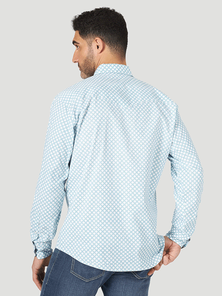 Wrangler 10MJC354B Mens 20X Competition Advanced Comfort Shirt White/Teal back view. If you need any assistance with this item or the purchase of this item please call us at five six one seven four eight eight eight zero one Monday through Saturday 10:00a.m EST to 8:00 p.m EST