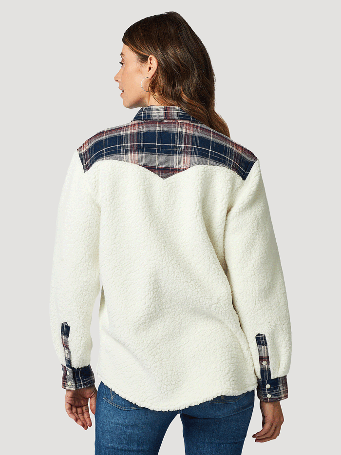 Wrangler 112321231 Womens Retro Western Boyfriend Sherpa Shirt Jacket Cozy White front view. If you need any assistance with this item or the purchase of this item please call us at five six one seven four eight eight eight zero one Monday through Saturday 10:00a.m EST to 8:00 p.m EST