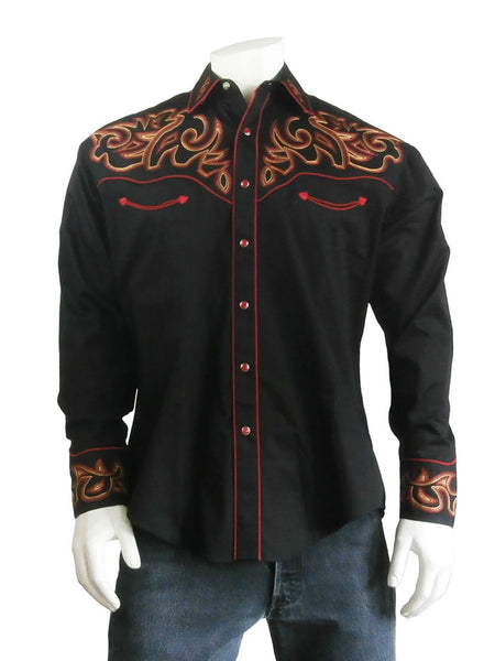 Rockmount 6701 Mens Boot Top Embroidered Western Shirt Black front view. If you need any assistance with this item or the purchase of this item please call us at five six one seven four eight eight eight zero one Monday through Saturday 10:00a.m EST to 8:00 p.m EST