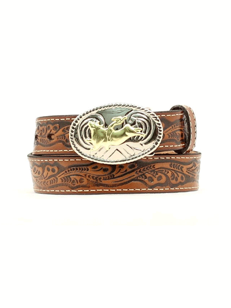 Nocona N4410402 Kids Western Belt With Bullrider Buckle Brown front view. If you need any assistance with this item or the purchase of this item please call us at five six one seven four eight eight eight zero one Monday through Saturday 10:00a.m EST to 8:00 p.m EST