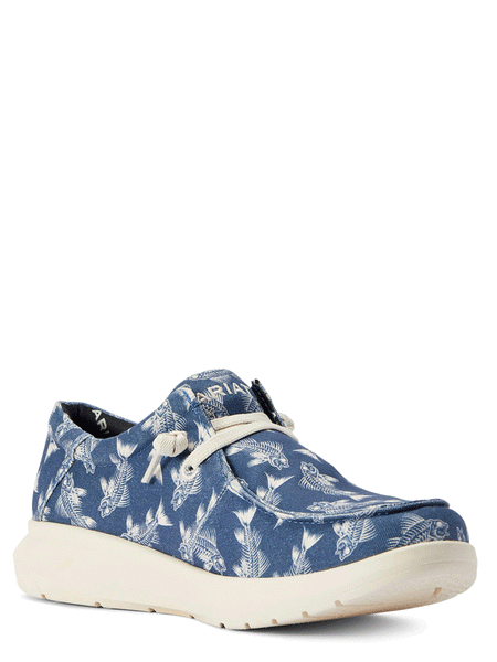 Ariat 10042500 Mens Hilo Stretch Lace Shoe Bonefish Blue inner side and front view. If you need any assistance with this item or the purchase of this item please call us at five six one seven four eight eight eight zero one Monday through Saturday 10:00a.m EST to 8:00 p.m EST