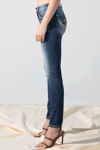 Miss Me M3080S31 Womens MM's Secret Skinny Jeans Medium Blue side view. If you need any assistance with this item or the purchase of this item please call us at five six one seven four eight eight eight zero one Monday through Saturday 10:00a.m EST to 8:00 p.m EST