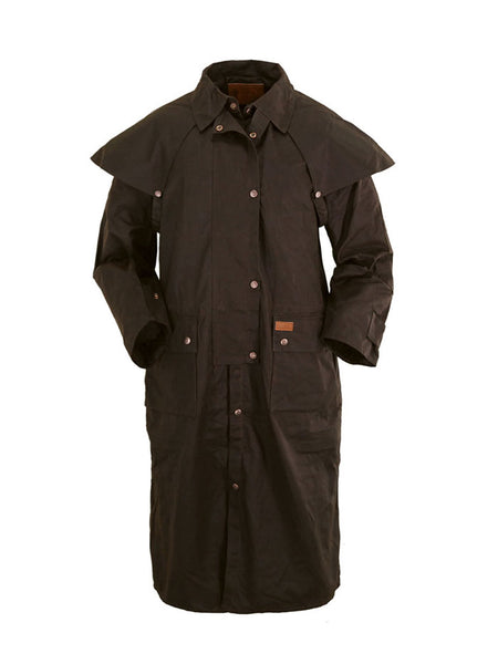 Outback Trading Company 2042-BRN Oilskin Low Rider Duster Brown front view. If you need any assistance with this item or the purchase of this item please call us at five six one seven four eight eight eight zero one Monday through Saturday 10:00a.m EST to 8:00 p.m EST
