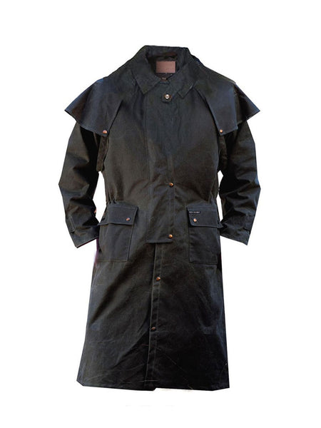 Outback Trading Company 2042-BLK Oilskin Low Rider Duster Black front view. If you need any assistance with this item or the purchase of this item please call us at five six one seven four eight eight eight zero one Monday through Saturday 10:00a.m EST to 8:00 p.m EST