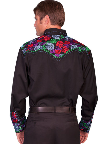 Scully P-634C-BLU Mens Poly Blend Bright Floral Stitch Western Shirt Black back view. If you need any assistance with this item or the purchase of this item please call us at five six one seven four eight eight eight zero one Monday through Saturday 10:00a.m EST to 8:00 p.m EST
