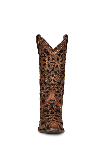 Corral T0133 Teen Inlay and Embroidery Boot Tan/Black full front view. If you need any assistance with this item or the purchase of this item please call us at five six one seven four eight eight eight zero one Monday through Saturday 10:00a.m EST to 8:00 p.m EST