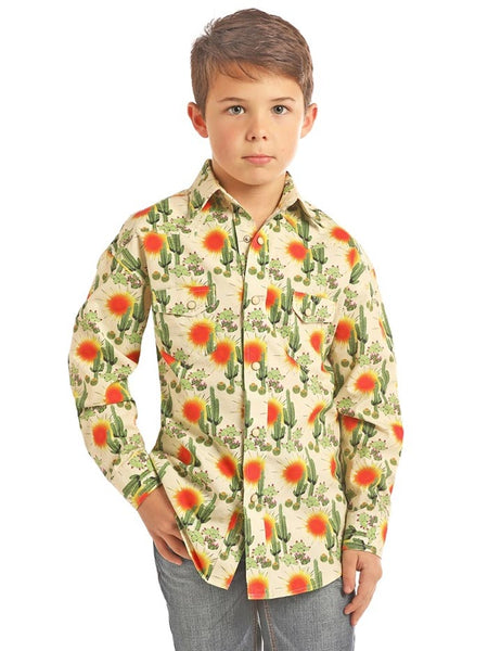 Panhandle B8S2330 Kids Cactus Print Long Sleeve Snap Shirt Mineral Front View. If you need any assistance with this item or the purchase of this item please call us at five six one seven four eight eight eight zero one Monday through Saturday 10:00a.m EST to 8:00 p.m EST