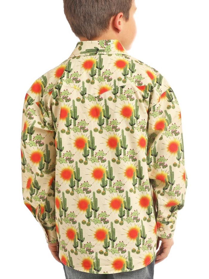 Panhandle B8S2330 Kids Cactus Print Long Sleeve Snap Shirt Mineral  Front View. If you need any assistance with this item or the purchase of this item please call us at five six one seven four eight eight eight zero one Monday through Saturday 10:00a.m EST to 8:00 p.m EST