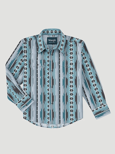 Wrangler 10BC1291M Boys Checotah Long Sleeve Snap Shirt Desert Print Teal/Multi front view. If you need any assistance with this item or the purchase of this item please call us at five six one seven four eight eight eight zero one Monday through Saturday 10:00a.m EST to 8:00 p.m EST