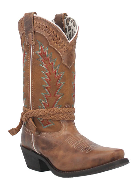 Laredo 51176 Womens Knot In Time Leather Boot Tan side and front view. If you need any assistance with this item or the purchase of this item please call us at five six one seven four eight eight eight zero one Monday through Saturday 10:00a.m EST to 8:00 p.m EST