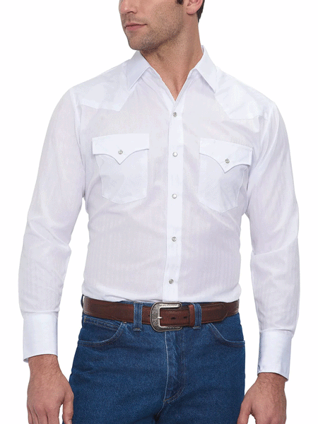 Ely Cattleman 15201934-01 Mens Long Sleeve Tone On Tone Western Shirt White front view tucked in. If you need any assistance with this item or the purchase of this item please call us at five six one seven four eight eight eight zero one Monday through Saturday 10:00a.m EST to 8:00 p.m EST