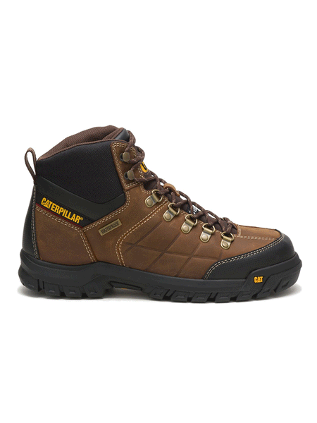 Caterpillar P90935 Mens Threshold Waterproof Steel Toe Work Boot Real Brown outter side view. If you need any assistance with this item or the purchase of this item please call us at five six one seven four eight eight eight zero one Monday through Saturday 10:00a.m EST to 8:00 p.m EST