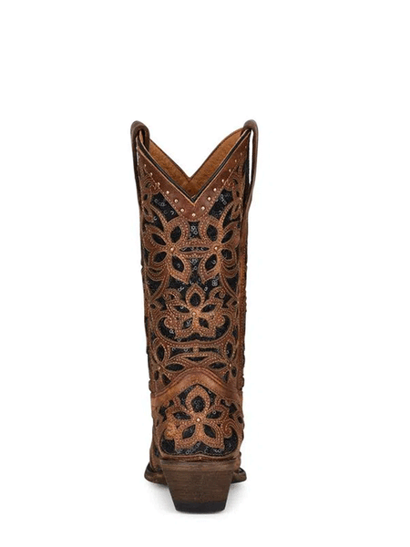 Corral T0133 Teen Inlay and Embroidery Boot Tan/Black back view. If you need any assistance with this item or the purchase of this item please call us at five six one seven four eight eight eight zero one Monday through Saturday 10:00a.m EST to 8:00 p.m EST