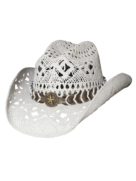 Bullhide 2649W "Naughty Girl" Straw Hat White front and side view. If you need any assistance with this item or the purchase of this item please call us at five six one seven four eight eight eight zero one Monday through Saturday 10:00a.m EST to 8:00 p.m EST