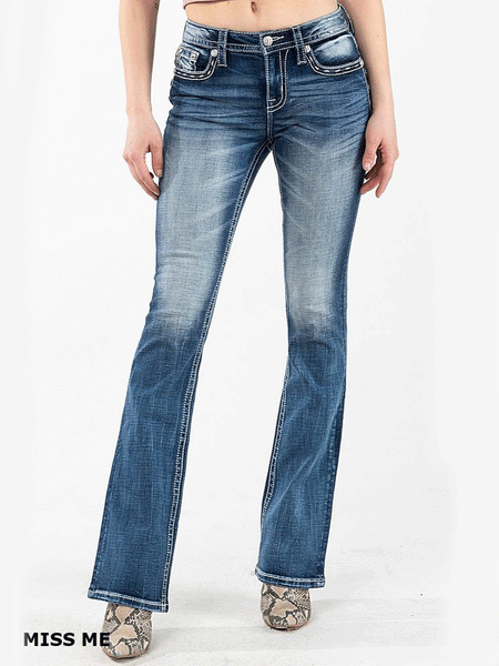 Miss Me M3080B33 Womens Mid-Rise Embroidered Wing Bootcut Jeans Vintage Blue front view. If you need any assistance with this item or the purchase of this item please call us at five six one seven four eight eight eight zero one Monday through Saturday 10:00a.m EST to 8:00 p.m EST