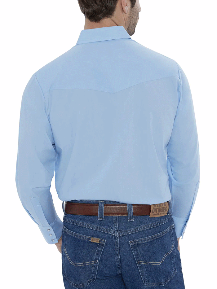 Ely Cattleman 15201905-82 Mens Long Sleeve Solid Western Shirt Light Blue front view tucked in. If you need any assistance with this item or the purchase of this item please call us at five six one seven four eight eight eight zero one Monday through Saturday 10:00a.m EST to 8:00 p.m EST