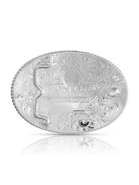 Montana Silversmiths 1340-528 Bull Rider Gold Rope Trimmed Engraved Buckle Silver back view. If you need any assistance with this item or the purchase of this item please call us at five six one seven four eight eight eight zero one Monday through Saturday 10:00a.m EST to 8:00 p.m EST