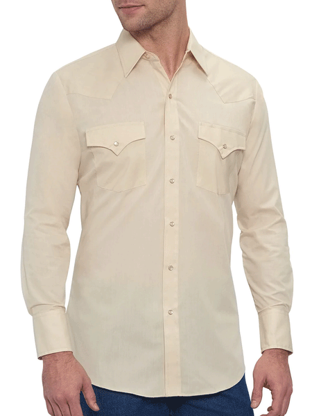 Ely Cattleman 15201905-23 Mens Long Sleeve Solid Western Shirt Ecru front view untucked. If you need any assistance with this item or the purchase of this item please call us at five six one seven four eight eight eight zero one Monday through Saturday 10:00a.m EST to 8:00 p.m EST