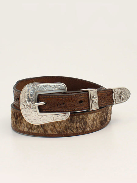 3D D100012002 Mens Calf Hair Floral Leather Belt Brown front view. If you need any assistance with this item or the purchase of this item please call us at five six one seven four eight eight eight zero one Monday through Saturday 10:00a.m EST to 8:00 p.m EST