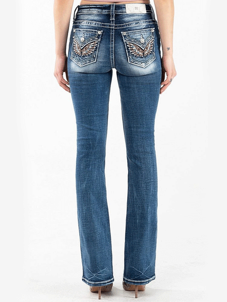 Miss Me M3080B33 Womens Mid-Rise Embroidered Wing Bootcut Jeans Vintage Blue back view. If you need any assistance with this item or the purchase of this item please call us at five six one seven four eight eight eight zero one Monday through Saturday 10:00a.m EST to 8:00 p.m EST