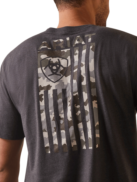 Ariat 10044778 Mens Tonal Camo Flag T-Shirt Charcoal Heather back graphic close up. If you need any assistance with this item or the purchase of this item please call us at five six one seven four eight eight eight zero one Monday through Saturday 10:00a.m EST to 8:00 p.m EST