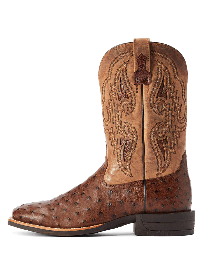 Ariat 10042475 Mens Dagger Full Quill Ostrich Western Boot Dark Tabac Tannin front and side view. If you need any assistance with this item or the purchase of this item please call us at five six one seven four eight eight eight zero one Monday through Saturday 10:00a.m EST to 8:00 p.m EST