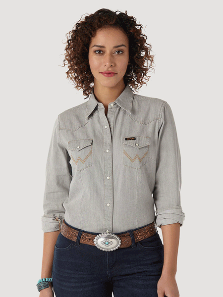 Wrangler LW3961D Womens Long Sleeve Western Snap Shirt Grey Denim front view. If you need any assistance with this item or the purchase of this item please call us at five six one seven four eight eight eight zero one Monday through Saturday 10:00a.m EST to 8:00 p.m EST