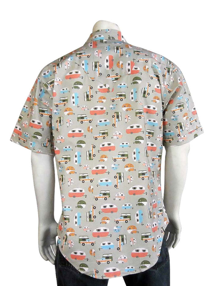 Rockmount 1646 Mens Retro Campers Print Short Sleeve Western Shirt Green front view. If you need any assistance with this item or the purchase of this item please call us at five six one seven four eight eight eight zero one Monday through Saturday 10:00a.m EST to 8:00 p.m EST