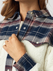 Wrangler 112321231 Womens Retro Western Boyfriend Sherpa Shirt Jacket Cozy White chest pocket and collar close up. If you need any assistance with this item or the purchase of this item please call us at five six one seven four eight eight eight zero one Monday through Saturday 10:00a.m EST to 8:00 p.m EST