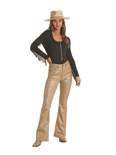 Rock & Roll Denim RRWD6HR0GV Womens High Rise Flare Pants Khaki Cheeta front view. If you need any assistance with this item or the purchase of this item please call us at five six one seven four eight eight eight zero one Monday through Saturday 10:00a.m EST to 8:00 p.m EST