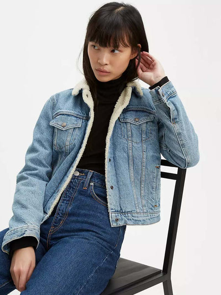 Levis 361360000 Womens Original Trucker Denim Jacket Divided Blue front view. If you need any assistance with this item or the purchase of this item please call us at five six one seven four eight eight eight zero one Monday through Saturday 10:00a.m EST to 8:00 p.m EST
