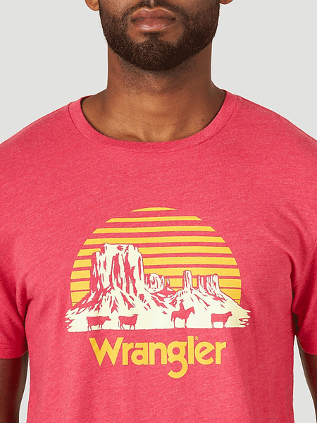 Wrangler 10MQ6208R Mens Graphic T-Shirt Desert Sunset Red Heather graphic detail. If you need any assistance with this item or the purchase of this item please call us at five six one seven four eight eight eight zero one Monday through Saturday 10:00a.m EST to 8:00 p.m EST