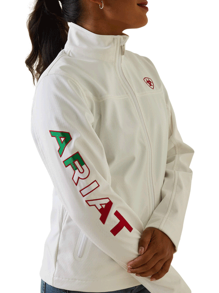 Ariat 10043548 Womens Classic Team Softshell MEXICO Jacket White sleeve close up. If you need any assistance with this item or the purchase of this item please call us at five six one seven four eight eight eight zero one Monday through Saturday 10:00a.m EST to 8:00 p.m EST