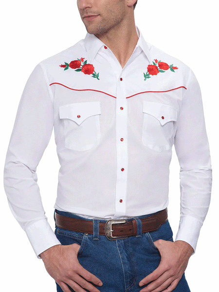 Ely Cattleman 15203901-06 Mens Red Rose Embroidery Long Sleeve Western Shirt White front view tucked in. If you need any assistance with this item or the purchase of this item please call us at five six one seven four eight eight eight zero one Monday through Saturday 10:00a.m EST to 8:00 p.m EST