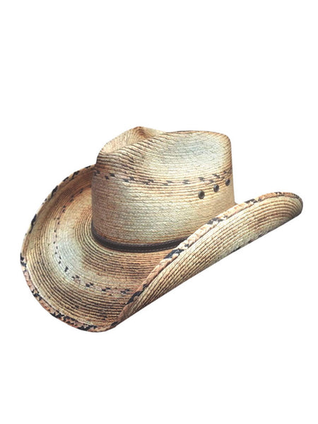 Dallas Hats HOOEY Patterned Palm Leaf Hat With Leather Band Natural front / side view. If you need any assistance with this item or the purchase of this item please call us at five six one seven four eight eight eight zero one Monday through Saturday 10:00a.m EST to 8:00 p.m EST