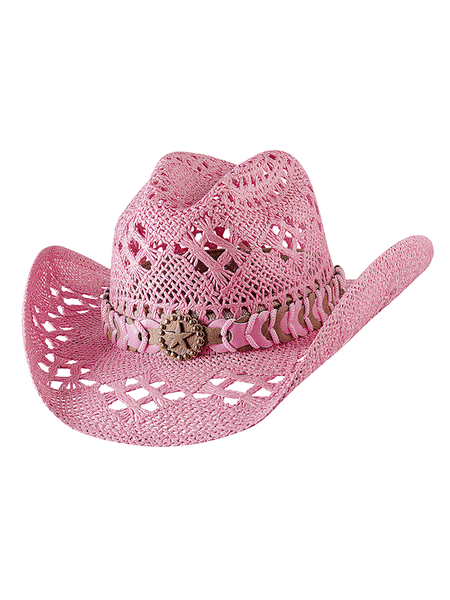 Bullhide NAUGHTY GIRL 2649P Western Straw Hat Pink front and side view. If you need any assistance with this item or the purchase of this item please call us at five six one seven four eight eight eight zero one Monday through Saturday 10:00a.m EST to 8:00 p.m EST