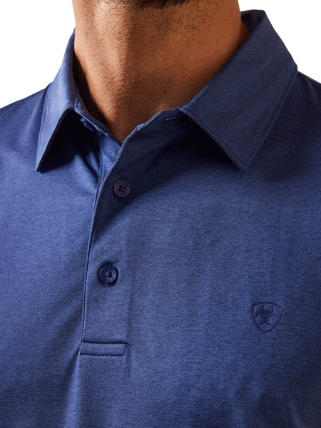 Ariat 10043572 Mens Charger 2.0 Polo Cloudburst Blue front close up. If you need any assistance with this item or the purchase of this item please call us at five six one seven four eight eight eight zero one Monday through Saturday 10:00a.m EST to 8:00 p.m EST