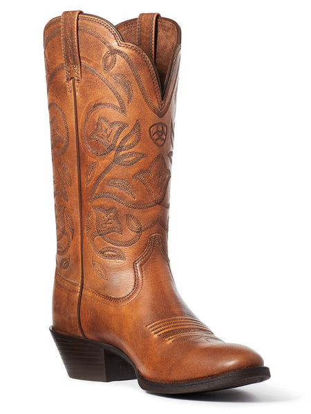 Ariat 10035999 Womens Heritage Western R Toe Boot Copper Brown inner side and front view. If you need any assistance with this item or the purchase of this item please call us at five six one seven four eight eight eight zero one Monday through Saturday 10:00a.m EST to 8:00 p.m EST