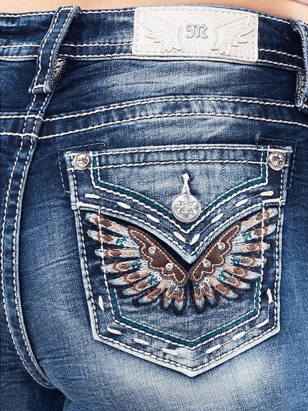 Miss Me M3080B33 Womens Mid-Rise Embroidered Wing Bootcut Jeans Vintage Blue back pocket close up