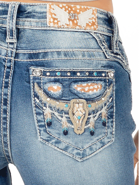 Miss Me M3857B Womens Mid-Rise Boot Jean Medium Blue back pocket detail. If you need any assistance with this item or the purchase of this item please call us at five six one seven four eight eight eight zero one Monday through Saturday 10:00a.m EST to 8:00 p.m EST
