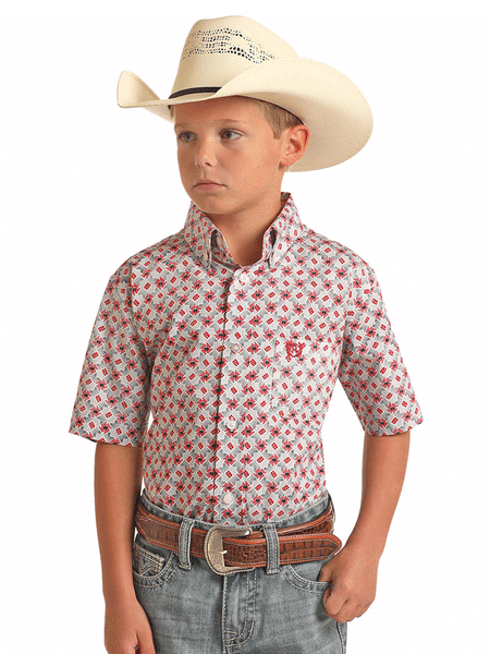 Panhandle C1D3174 Kids Poplin Print Button Down Shirt Scarlet front view. If you need any assistance with this item or the purchase of this item please call us at five six one seven four eight eight eight zero one Monday through Saturday 10:00a.m EST to 8:00 p.m EST