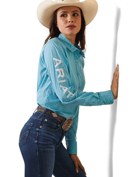 Ariat 10043553 Womens Team Kirby Stretch Shirt Caidant Print side view. If you need any assistance with this item or the purchase of this item please call us at five six one seven four eight eight eight zero one Monday through Saturday 10:00a.m EST to 8:00 p.m EST
