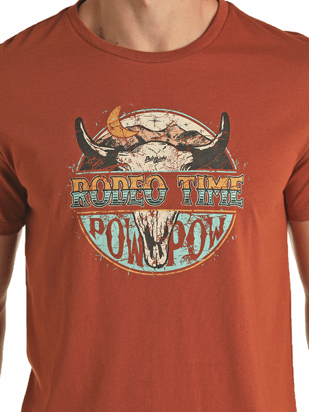 Rock & Roll Denim P9-3365 Mens Dale Brisby Rodeo Time Tee Shirt Rust graphic detail. If you need any assistance with this item or the purchase of this item please call us at five six one seven four eight eight eight zero one Monday through Saturday 10:00a.m EST to 8:00 p.m EST