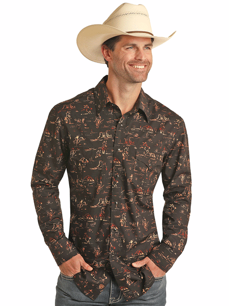 Rock & Roll Denim B2S3305 Mens Long Sleeve Snap Shirt Cowboy Print Black/Rust front view